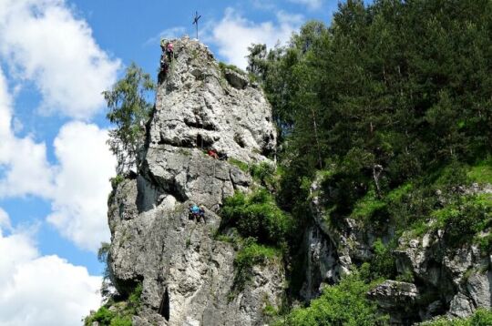 Grafika przedstawia białe skały w otoczeniu zieleni.