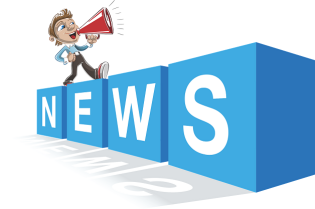 Grafika przedstawia postać z megafonem w ręku, idącą po niebieskich klockach z białym napisem NEWS.