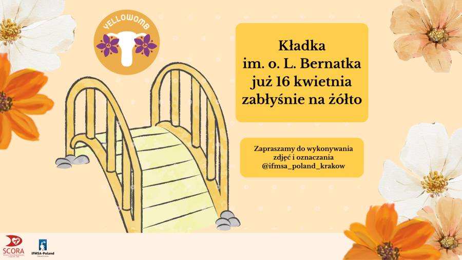 Grafika odnosząca się do podświetlenia 16 kwietnia w rmamach akcji yellowomb na żółtym tle mostek na krawędziach obrazu kwiaty również w odcieniach żółci 