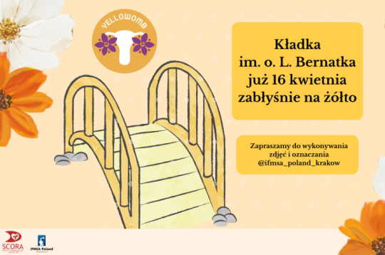 Grafika odnosząca się do podświetlenia 16 kwietnia w rmamach akcji yellowomb na żółtym tle mostek na krawędziach obrazu kwiaty również w odcieniach żółci 