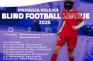 Informacja o pierwszej kolejce w rozgrywkach Blindfootball. Odbędą się między 17 a 19 kwietnia 2026 r. na MOS Kraków Zachód: Plac na Groblach 23 - wstęp wolny