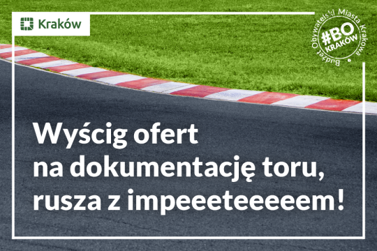 Grafika z zakrętem na torze wyścigowym i tekst: Wyścig ofert na dokumentacje toru, rusza z iimpeeeteeeeem
