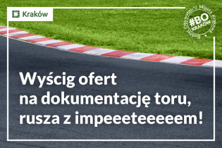 Grafika z zakrętem na torze wyścigowym i tekst: Wyścig ofert na dokumentacje toru, rusza z iimpeeeteeeeem