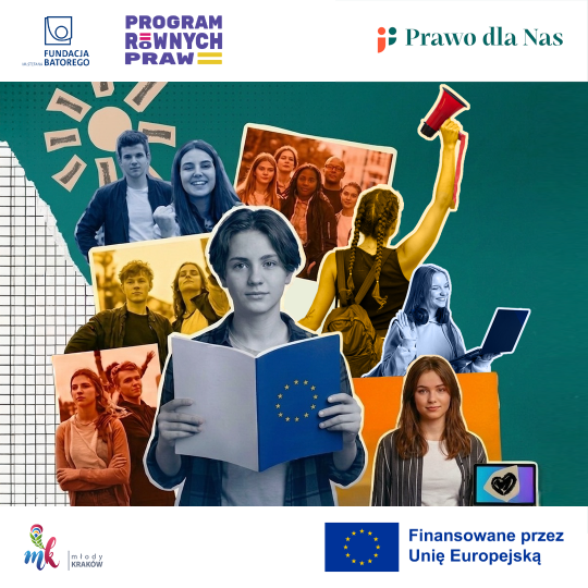 Na grafice znajdziemy młodych ludzi w różnych scenach, z książką, laptopem, megafonem. Grafika jest kolorowa. W tle narysowane jest słońce