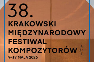 Plakat 38 edycji Krakowskiego Międzynarodowego Festiwalu Kompozytorów. Na niebieskim tle duży brązowy półprzejrzysty okrąg a w nim zarys budynków przy ulicy.  