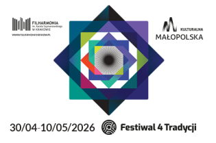 Plakat promocyjny Festiwalu 4 Tradycji w Filharmonii Krakowskiej. Ciemne oraz kolorowe kwadraty malejąco nakładane na siebie nawzajem i tworzące zawierające się ośmioramienne gwiazdy.  