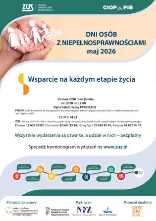 plakat informacyjny z numerami telefonów ZUS i PFRON