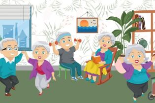 Grafika przedstawia grupę starszych osób, z których część ćwiczy, inni tańczą, a niektórzy siedzą.