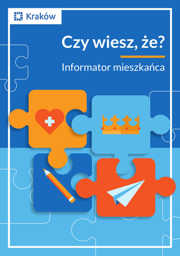Okładka informatora mieszkańca - „Czy wiesz, że?”. Tło podzielone na pół z ciemno i jasno niebieskim kolorem. Na nim 4 różnokolorowe puzzle z piktogramami.