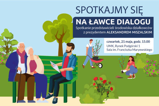 Na grafice widzimy mężczyznę rozmawiającego z seniorami, w tle widać ludzi pracujących w ogrodzie