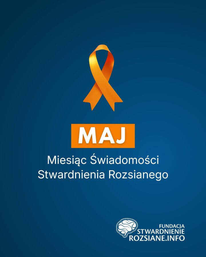 Grafika. Na granatowym tle obrazek pomarańczowej wstążki i informacji o maju ze stwardnieniem rozsianym oraz data 30 maja.  