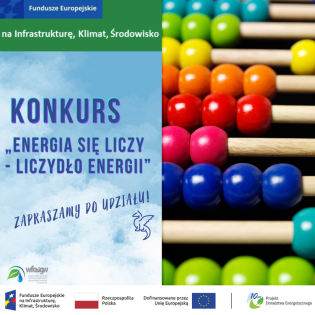 Na niebieskim tle napis „Energia się liczy – liczydło energii”. na drugiej połowie obraz przedstawiający liczydło.