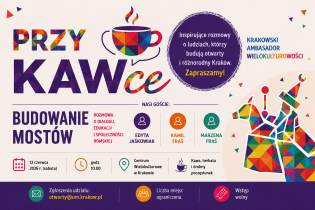 Grafika z symbolem lajkonika i rysunkiem filiżanki kawy zapraszająca na spotkanie z cyklu „Przy KAWce”.