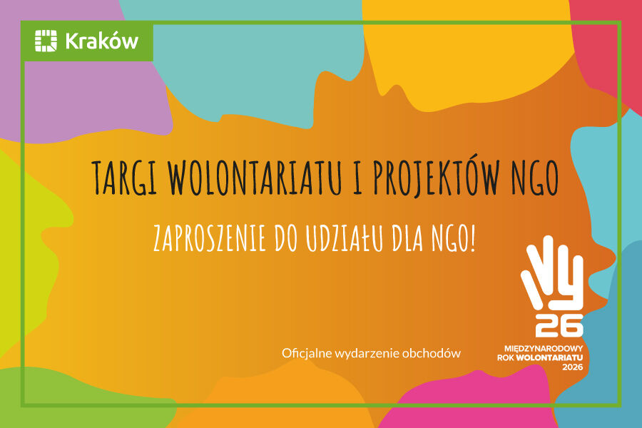 Kolorowe tło i napis: Targi Wolontariatu i Projektów Organizacji Pozarządowych w Krakowie. Zaproszenie do udziału dla NGO!