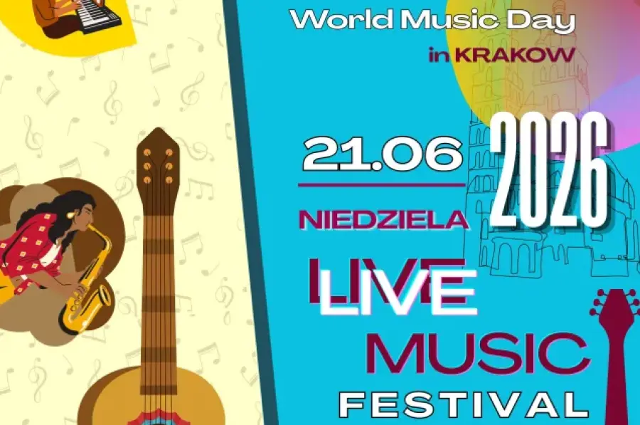Plakat festiwalu muzycznego w Krakowie z datą, godzinami koncertów i informacjami o organizatorze.
