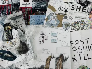 Kolaż materiałów krytykujących fast fashion, z rysunkami, hasłami i informacjami o warunkach pracy.