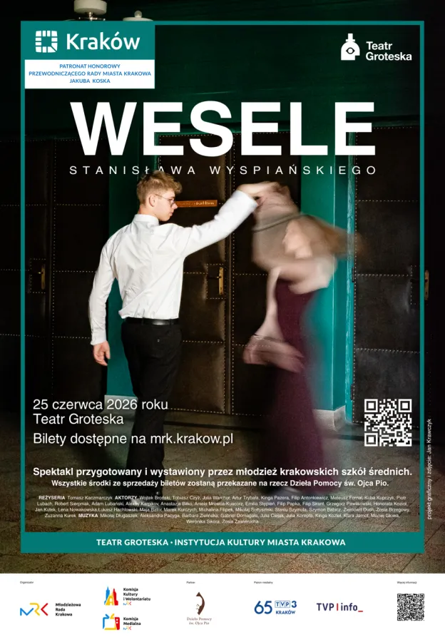 Plakat promujący spektakl "Wesele" w Teatrze Groteska w Krakowie. Data: 25 czerwca 2026 roku.
