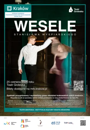 Plakat promujący spektakl "Wesele" w Teatrze Groteska w Krakowie. Data: 25 czerwca 2026 roku.