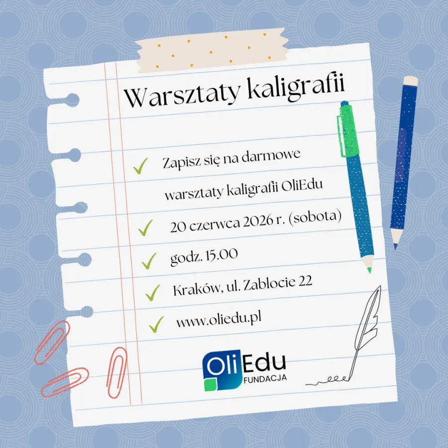 Warsztaty kaligrafii OliEdu 20 czerwca 2026 w Krakowie, ul. Zabłocie 22, godz. 15.00.