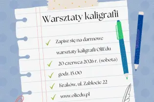Warsztaty kaligrafii OliEdu 20 czerwca 2026 w Krakowie, ul. Zabłocie 22, godz. 15.00.