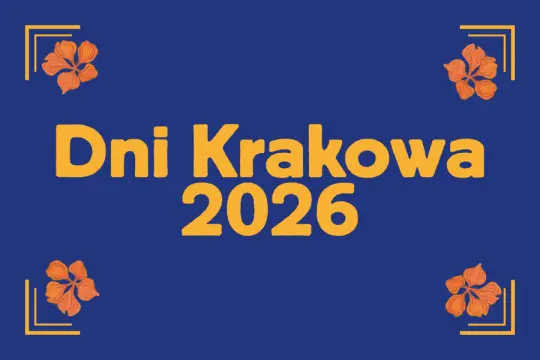Dni Krakowa 2026 z kwiatowymi dekoracjami na niebieskim tle.