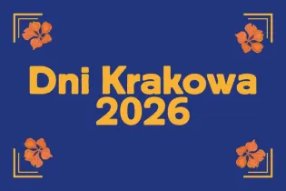Dni Krakowa 2026 z kwiatowymi dekoracjami na niebieskim tle.