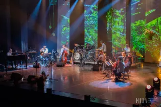 Koncert zespołu muzycznego na scenie z efektami świetlnymi i instrumentami.