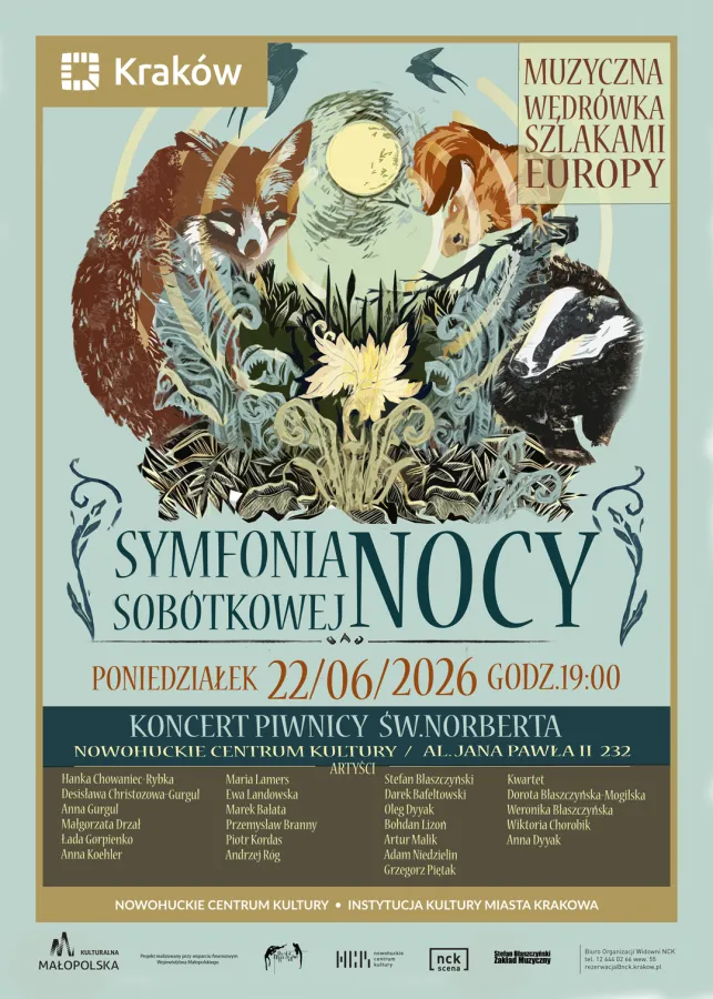 Plakat wydarzenia muzycznego w Krakowie, zapraszający na koncert Symfonii Sobotkowej Nocy.