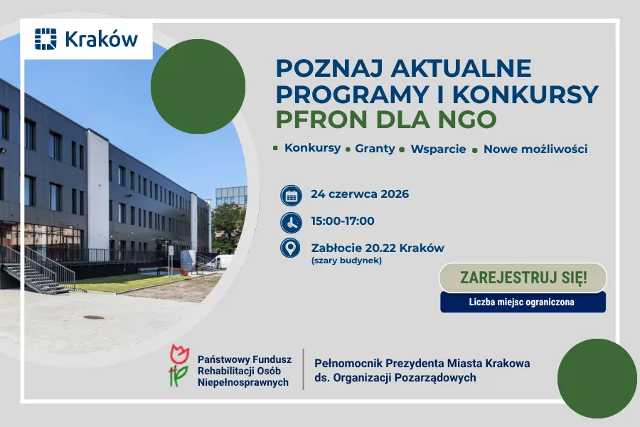 programy PFRON, informacja na temat spotkania informacyjnego, w tle zdjęcie budynku w którym dzieje się wykradzenia 