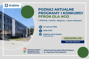 programy PFRON, informacja na temat spotkania informacyjnego, w tle zdjęcie budynku w którym dzieje się wykradzenia 