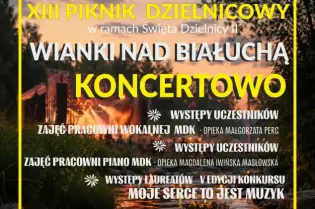 Plakat promujący XIII Piknik Dzielnicowy z informacjami o wydarzeniach i koncertach.
