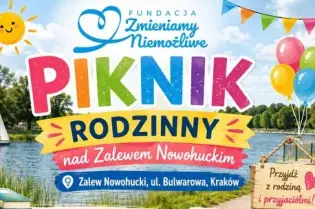 Piknik rodzinny z atrakcjami dla dzieci, kolorowymi balonami i informacjami o wydarzeniu.