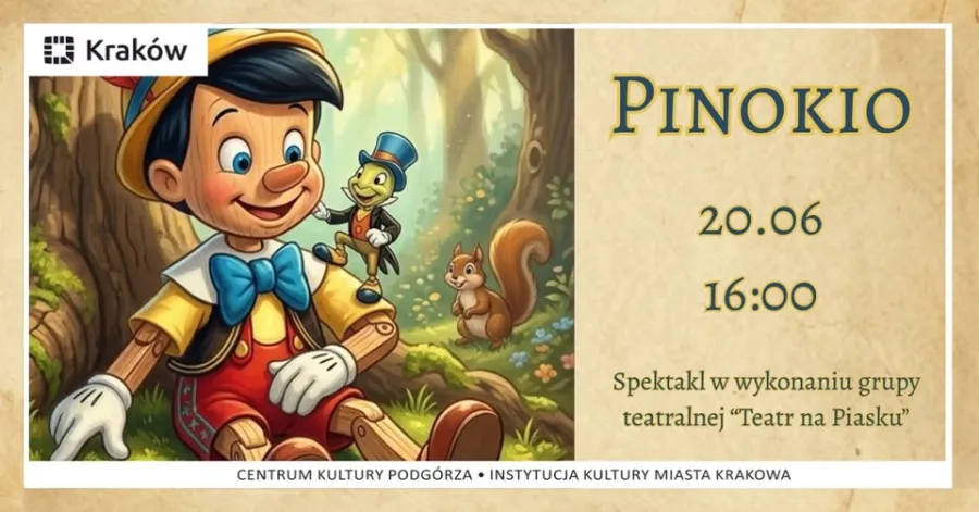 Pinokio z uśmiechem, obok niego robak i wiewiórka, zaproszenie na spektakl teatralny.