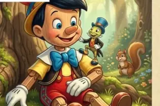 Pinokio z uśmiechem, obok niego robak i wiewiórka, zaproszenie na spektakl teatralny.