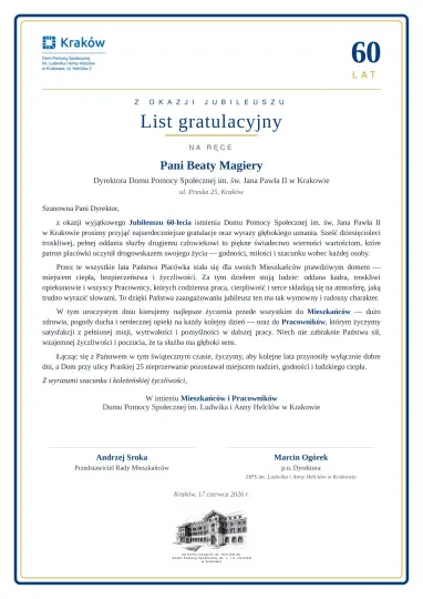 Jubileuszu 60-lecia DPS im. św. Jana Pawła II w Krakowie.
