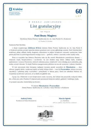 Jubileuszu 60-lecia DPS im. św. Jana Pawła II w Krakowie.