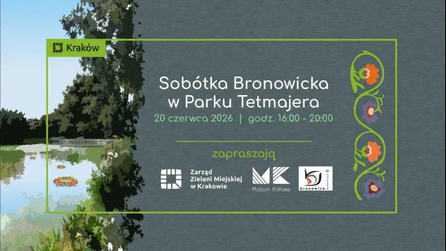 Plakat zapraszający na wydarzenie Sobótka Bronowicka w Parku Tetmajera, 20 czerwca 2026.