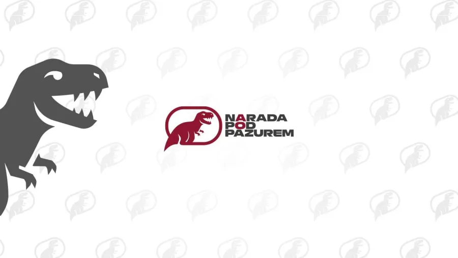 Logo Narada pod Pazurem z wizerunkiem dinozaura na tle powtarzających się sylwetek.