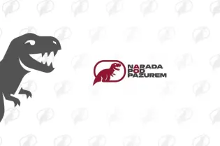 Logo Narada pod Pazurem z wizerunkiem dinozaura na tle powtarzających się sylwetek.