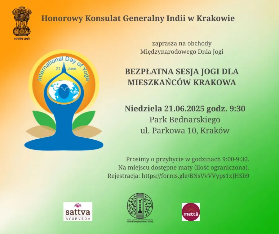 Grafika reklamująca sesję jogi organizowaną w Międzynarodowym Dniu Jogi przez Konsulat Indii w Krakowie. Czarne napisy na żółtozielonym tle ukazanym w technice ombre oraz godło Indii.   