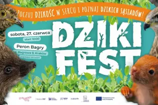 Plakat promujący festiwal Dzikiego Festu z datą, godziną i lokalizacją w Krakowie.
