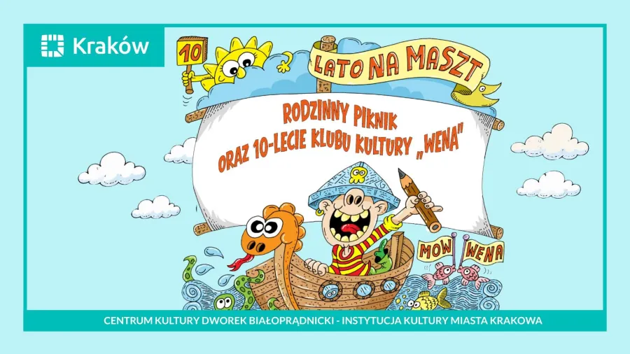 Rodzinny piknik z okazji 10-lecia Klubu Kultury Mena, kolorowa grafika z postaciami i statkiem.