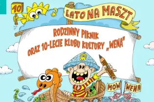Rodzinny piknik z okazji 10-lecia Klubu Kultury Mena, kolorowa grafika z postaciami i statkiem.