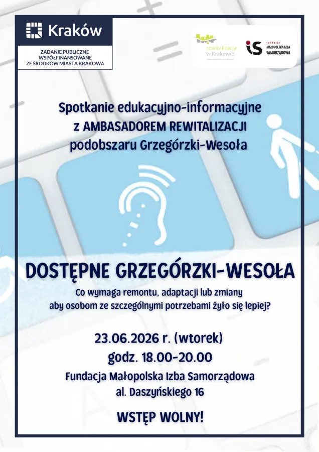 Spotkanie edukacyjne z Ambasadorem Rewitalizacji Grzegórzki-Wesoła, 23.06.2026, godz. 18:00-20:00. W