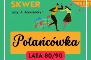 Plakat promujący Potańcówkę w Krakowie, z informacjami o dacie, miejscu i godzinie wydarzenia.