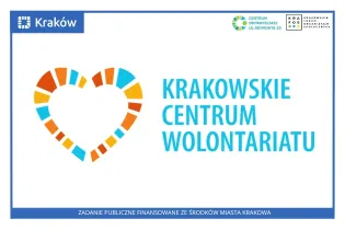 Krakowskie Centrum Wolontariatu, logo oraz informacje o finansowaniu z budżetu miasta.