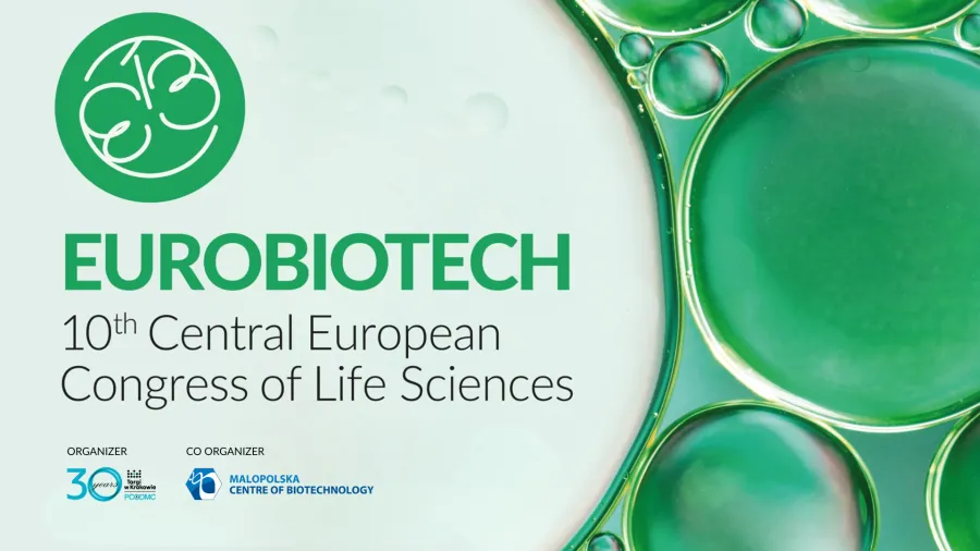 Eurobiotech 10. Centralny Europejski Kongres Nauk Przyrodniczych, zielone bąbelki i logo.