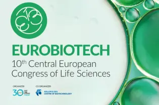 Eurobiotech 10. Centralny Europejski Kongres Nauk Przyrodniczych, zielone bąbelki i logo.