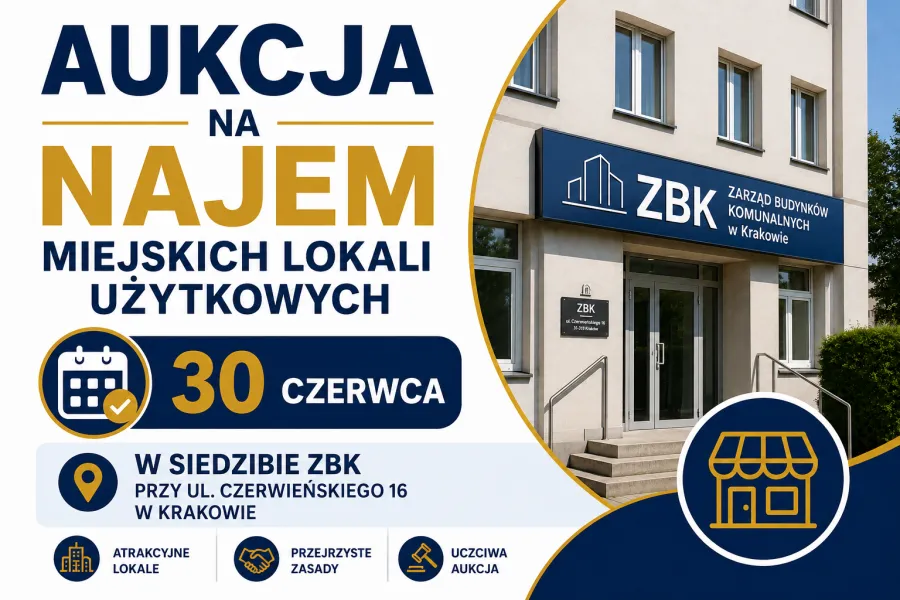 Aukcja najmu miejskich lokali użytkowych 30 czerwca w siedzibie ZBK w Krakowie.