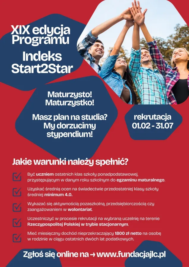 XIX edycja Programu Indeks Start2Star, rekrutacja 01.02 - 31.07, informacje o warunkach uczestnictwa.